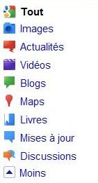 Le nouveau menu avec icônes apparaît à gauche de la fenêtre de recherche.