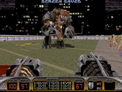 Duke Nukem 3D (1996), un jeu devenu culte grâce à son cocktail d'humour parodique et d'action virile.