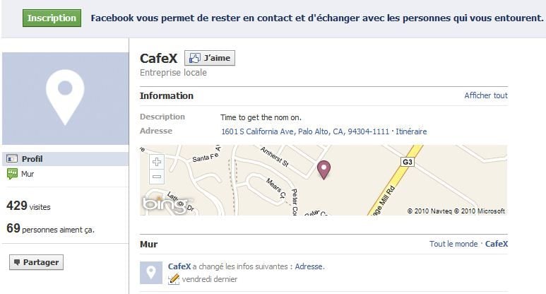 Une page « lieu » sur Facebook.