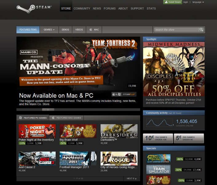 Page d'accueil de Steam