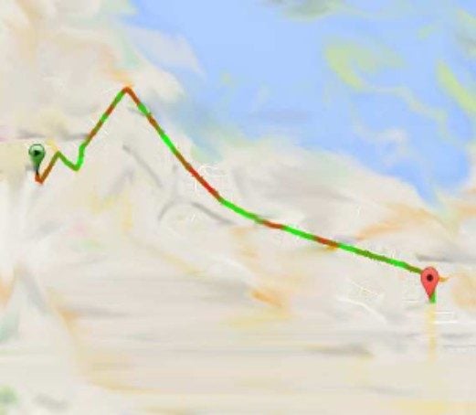 Exemple d'un profil de consommation électrique d'un smartphone pour un chemin donné (rouge: élevé; vert: faible)
