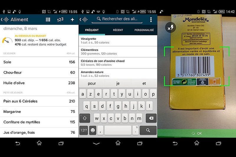 Aujourd'hui, il faut saisir les aliments consommés manuellement. Demain (dernière capture), on pourra scanner les codes-barres des aliments.