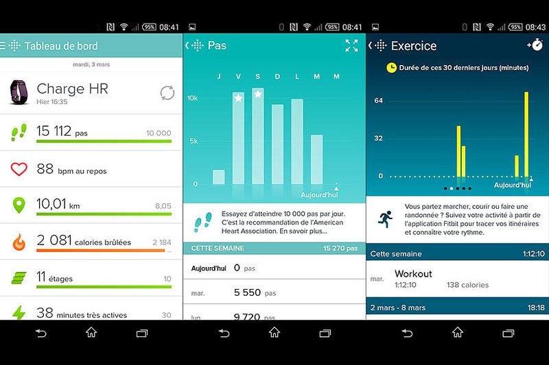 Sur l'appli Fitbit, de gauche à droite : le tableau de bord et deux graphiques récapitulant le nombre de pas et les exercices ponctuels.