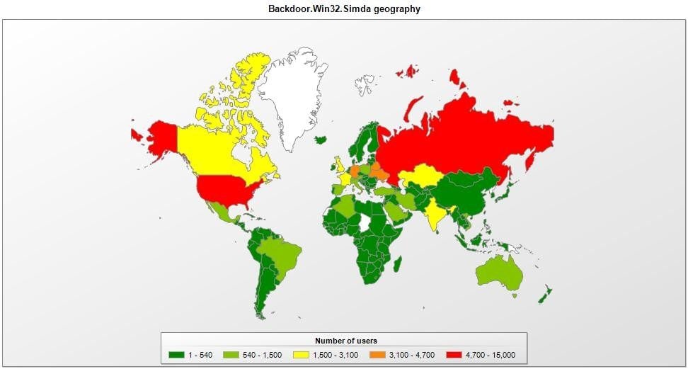 Répartition géographique du botnet Simda