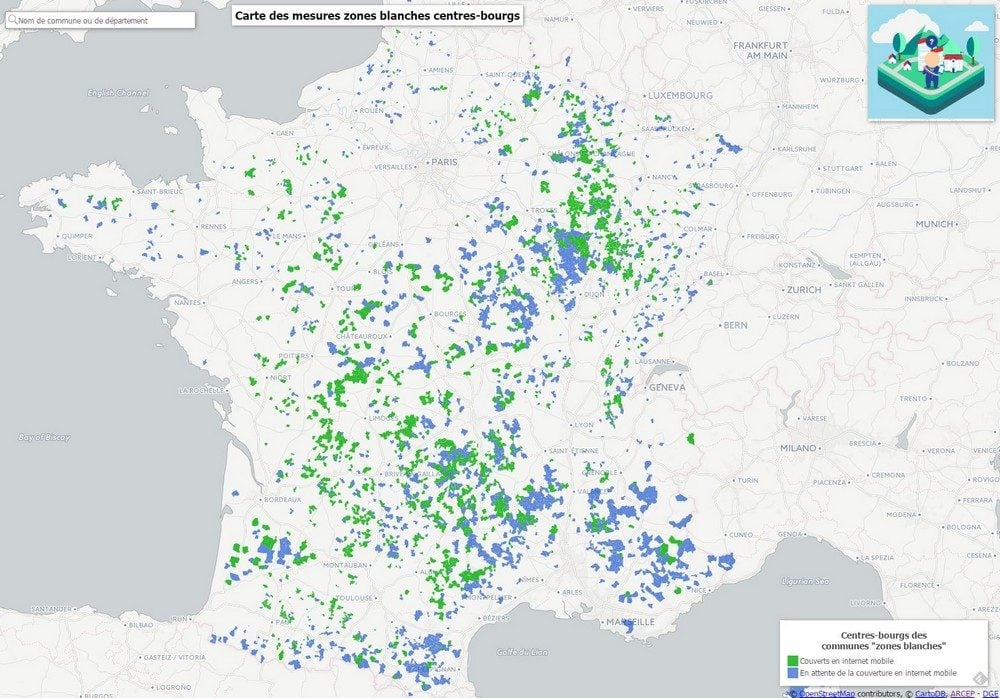 La carte des communes concernées par le plan zones blanches centres-bourgs.