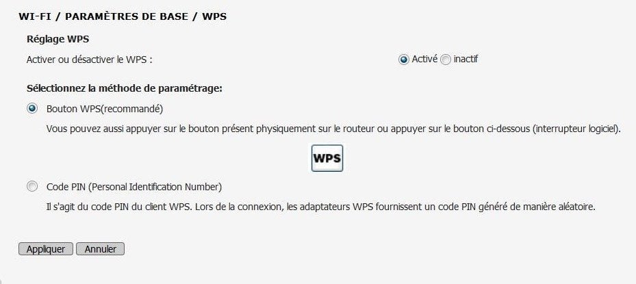 Le paramétrage en ligne de l'option WPS d'une box SFR.