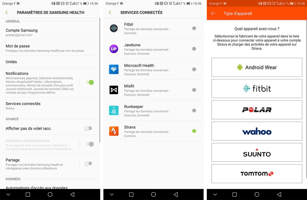 Interfaces de Samsung Health et Strava
