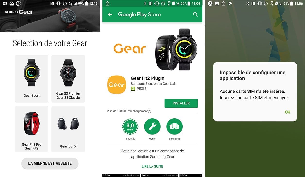 Interface de l'application Samsung Gear