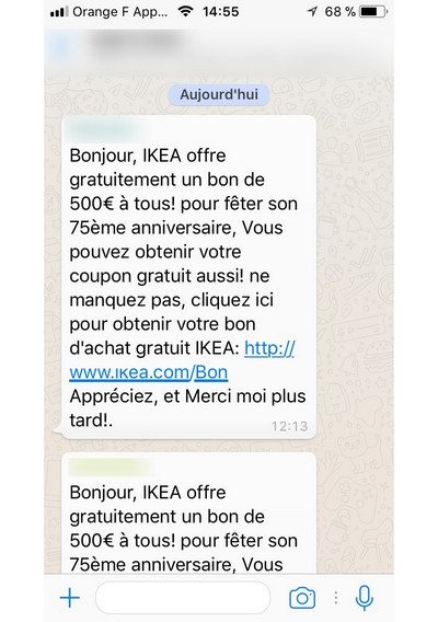 Le premier message de la tentative de phishing.