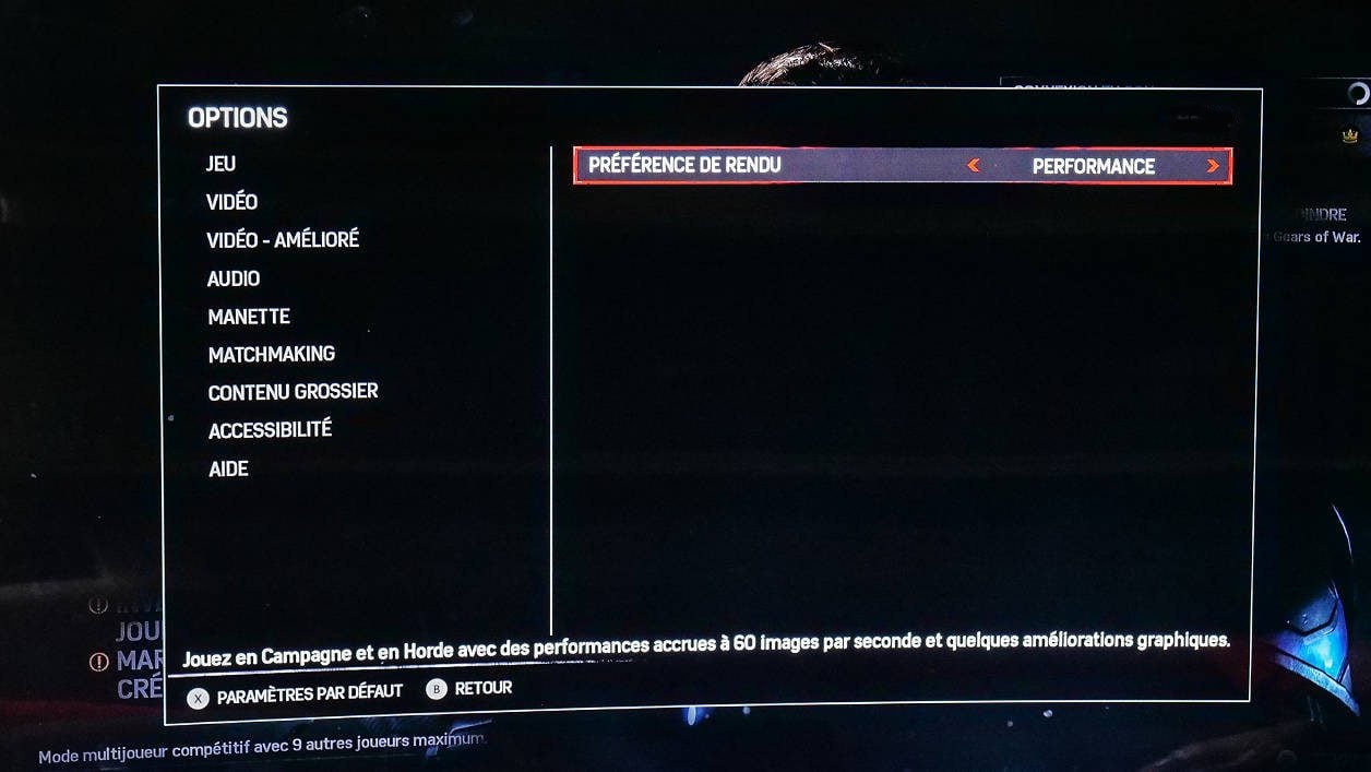 Panneau de configuration général de Gears of War 4