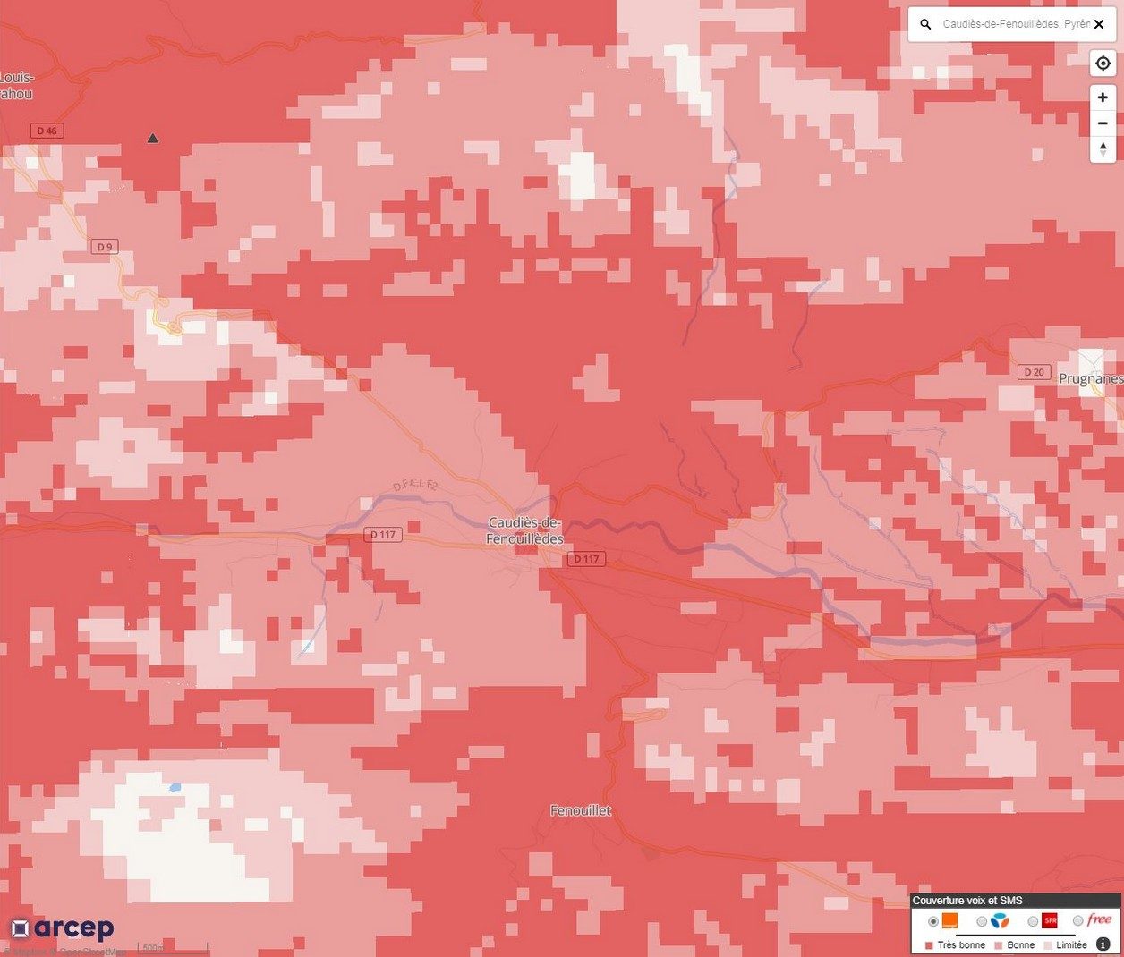 La carte de couverture mobile de la commune de Caudiès-de-Fenouillèdes, selon l'observatoire de l'Arcep.