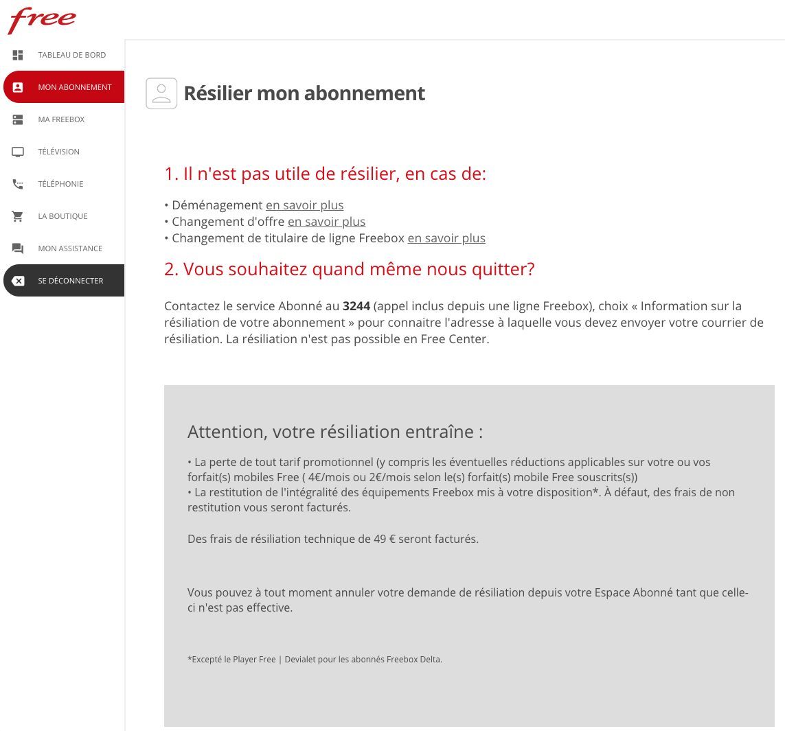 Il n'est plus possible d'accéder au formulaire de résiliation depuis le site de Free.