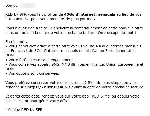 La notification reçue par certains abonnés Red By SFR.