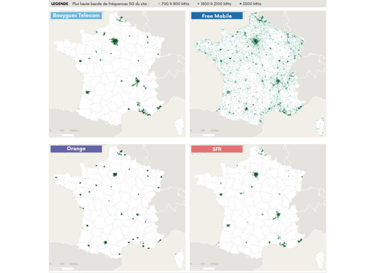 La couverture du territoire en 5G par les quatre gros opérateurs mobiles.