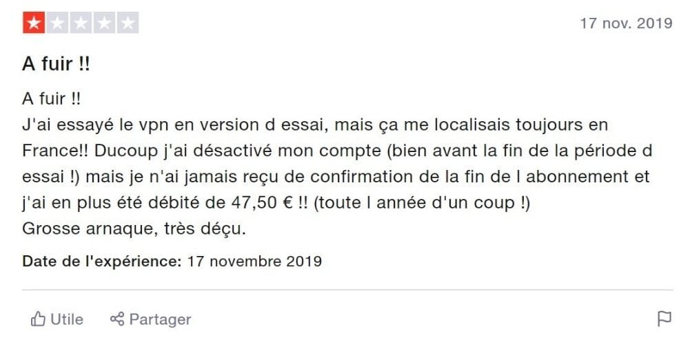 Avis négatif sur VyprVPN sur TrustPilot