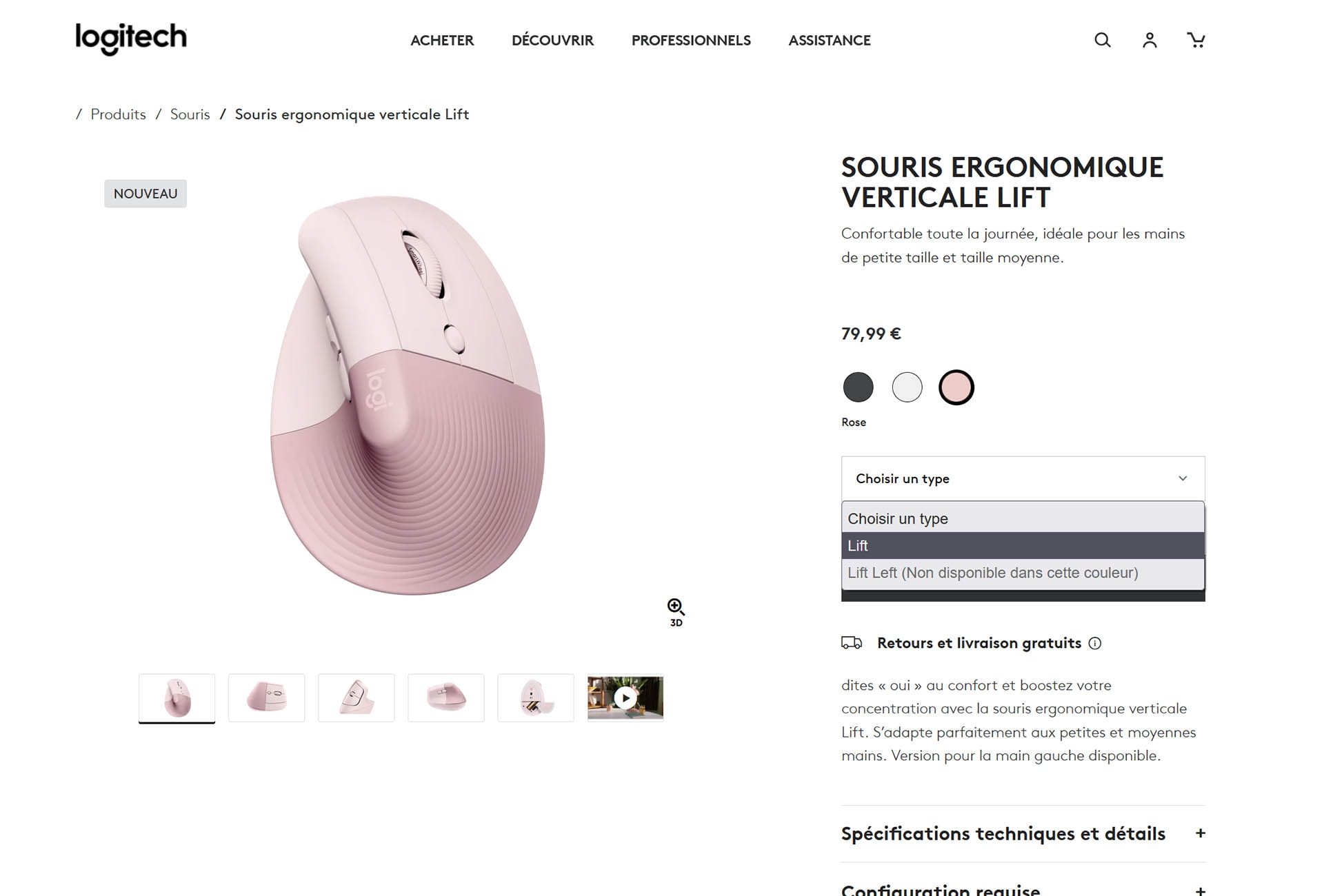 La souris est disponible en trois tons : noir, blanc ou rose.