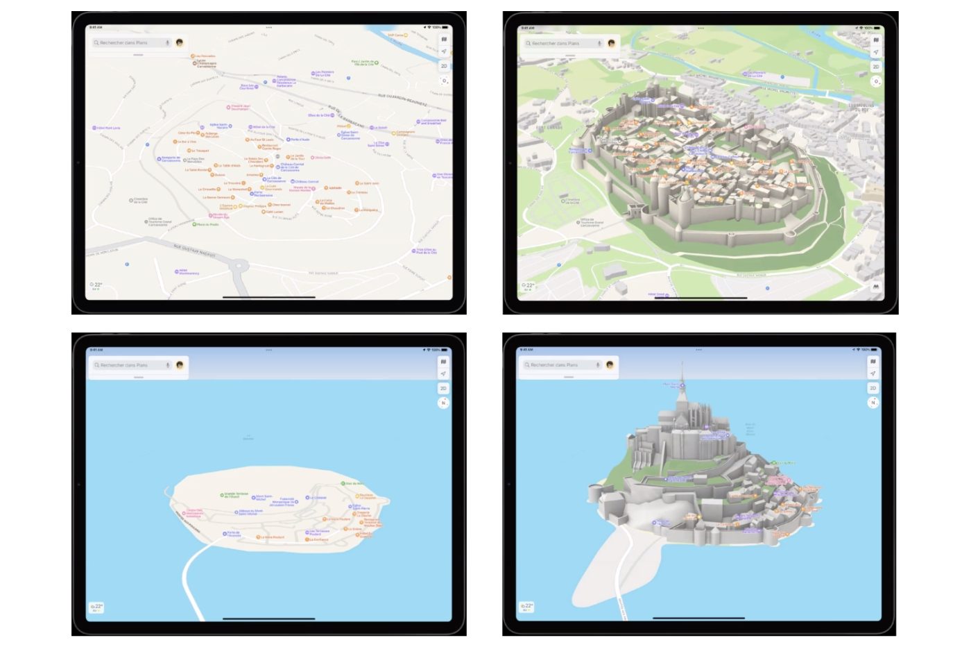 Apple Plans, avant et après. Carcassonne et le Mont Saint-Michel.