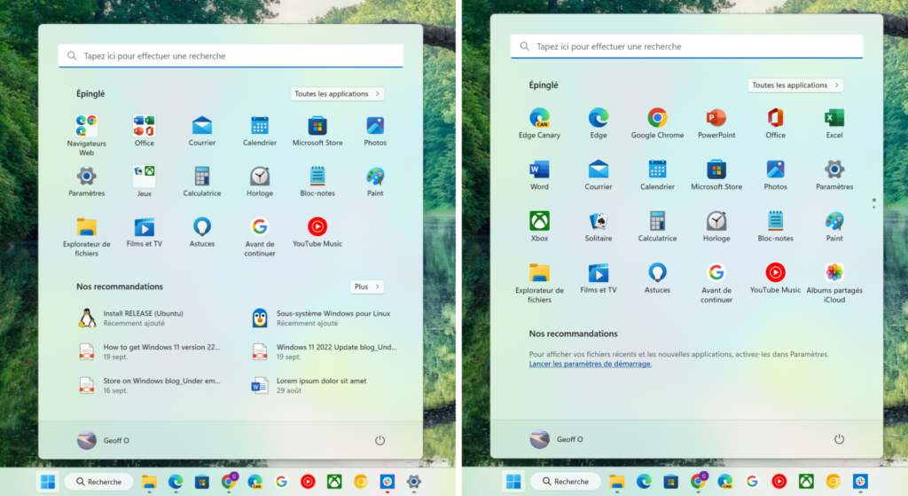Windows 11 recommandations Menu Démarrer