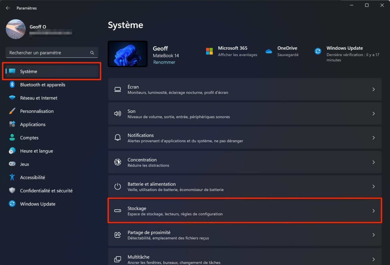 Assistant Stockage Windows 11