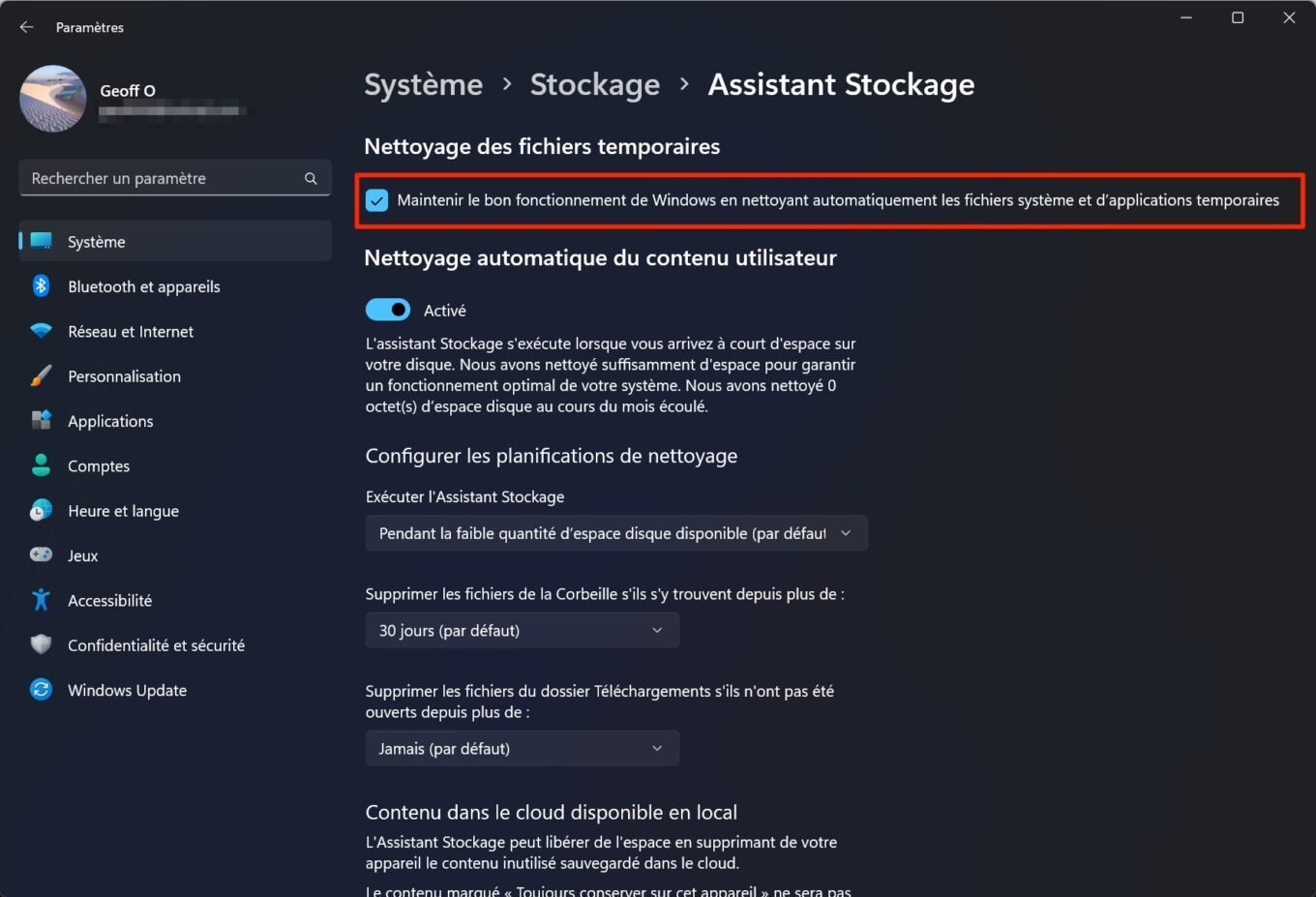 Assistant Stockage Windows 11