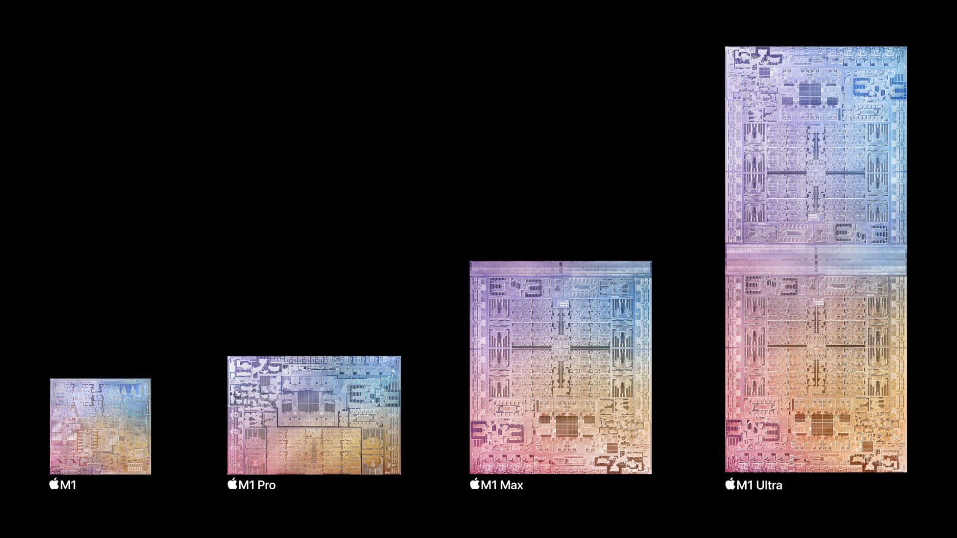 La gamme complète des M1. Le M1 « normal » est une puce solo, le M1 Pro est la fondation du M1 Max (ce dernier ayant une partie GPU étendue) et le M1 Ultra consiste en deux M1 Max collés côte à côte. © Apple
