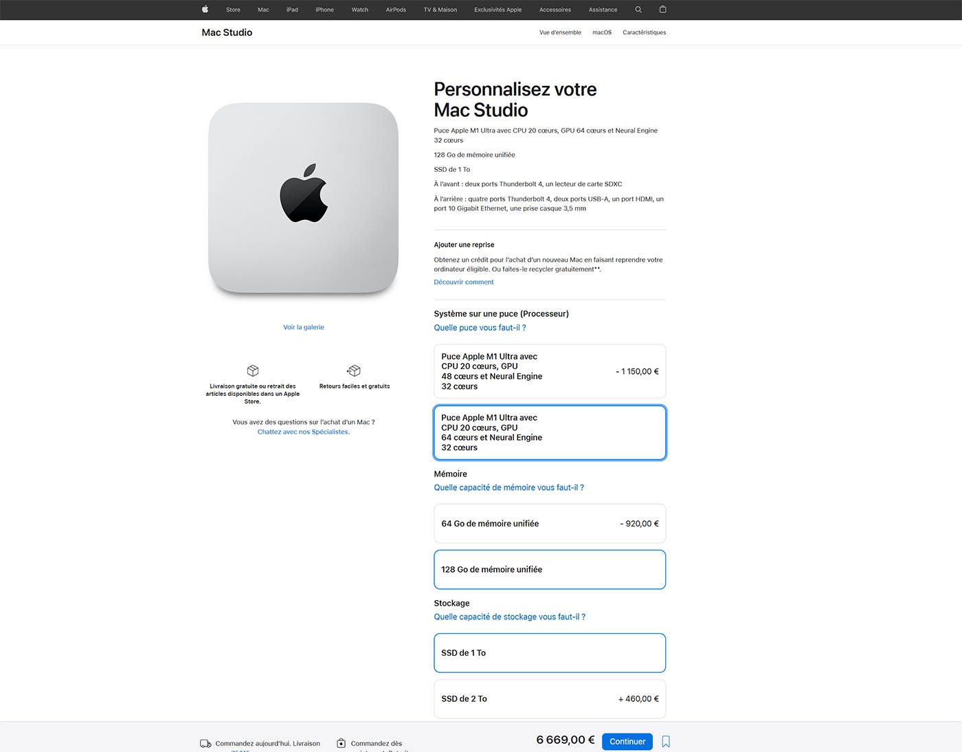 Dans sa version maximale avec 128 Go de mémoire unifiée (mais le SSD de base à 1To), le Mac Studio avec la puce la plus puissante coûte presque 7000 €. Plaçant la puce au firmament des processeurs grand public. Un tarif inconnu du monde PC. © Apple