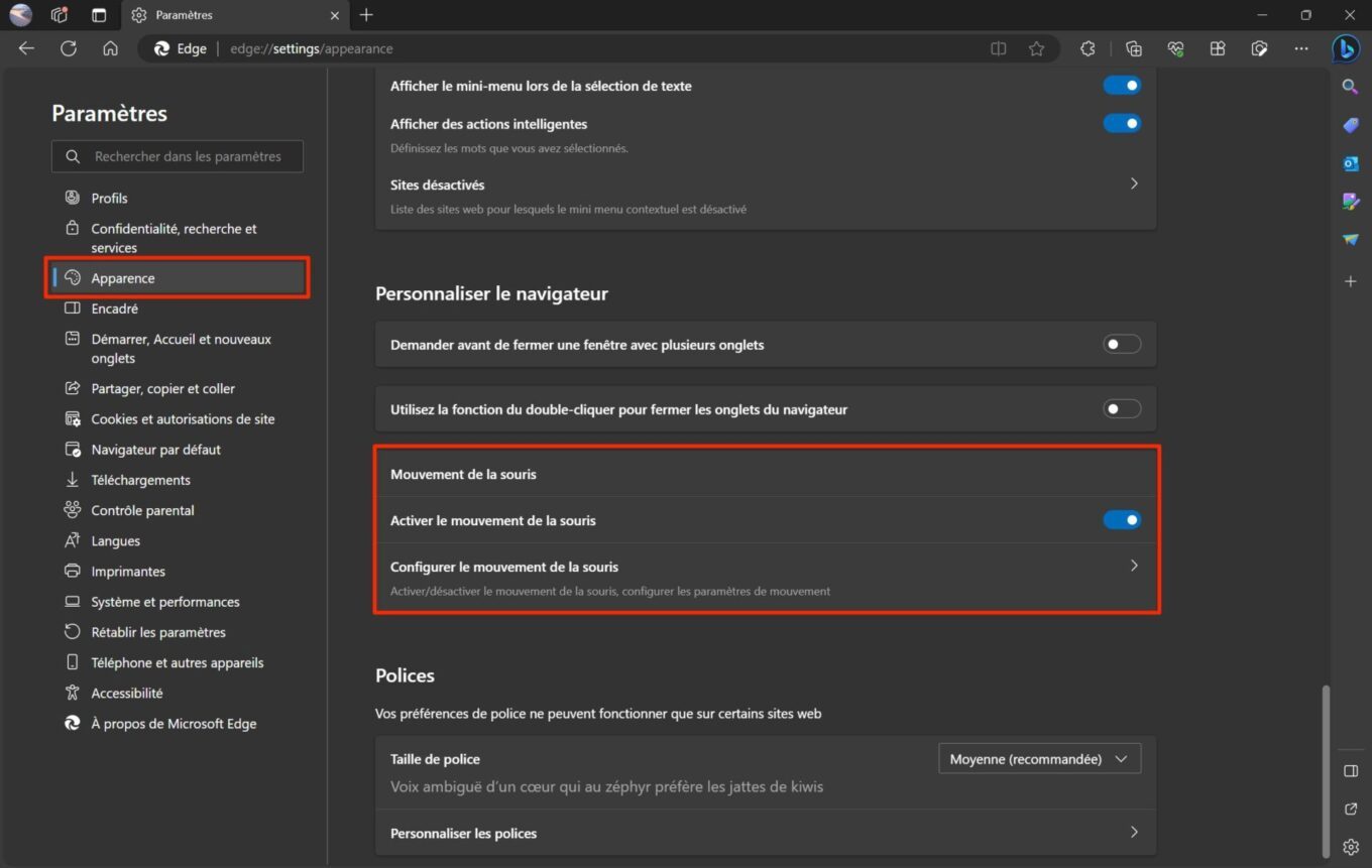 Microsoft Edge mouvements souris