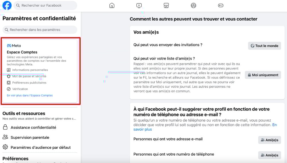 Facebook Parametre Confidentialite Espace Comptes