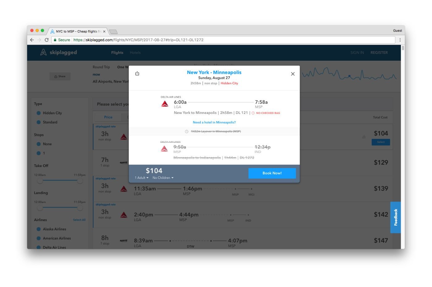 Skiplagged Interface Reservation Vol
