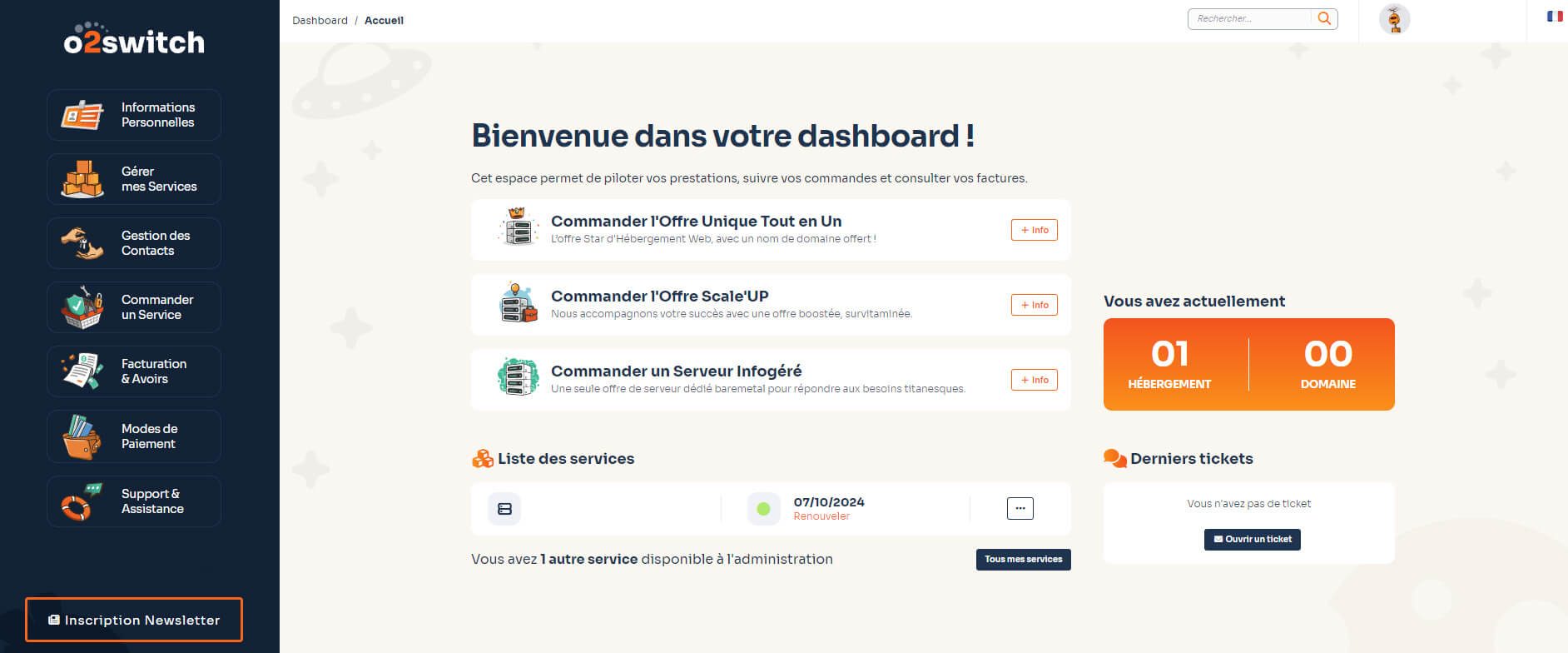 Dashboard O2switch