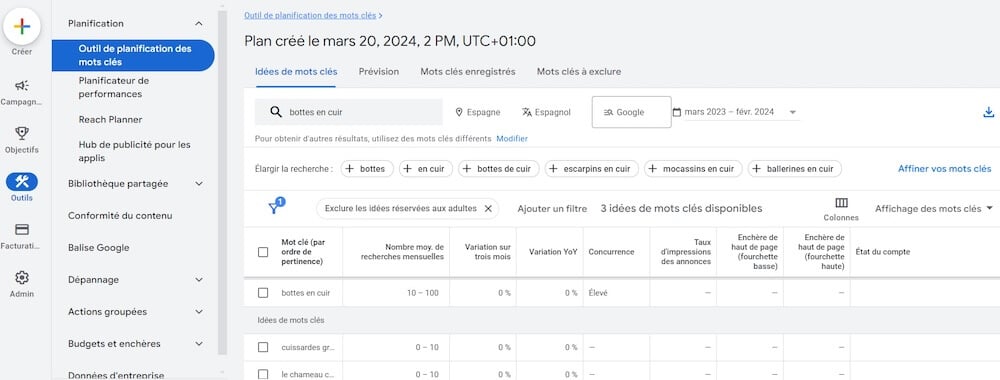 Google Keyword Planner Exemple