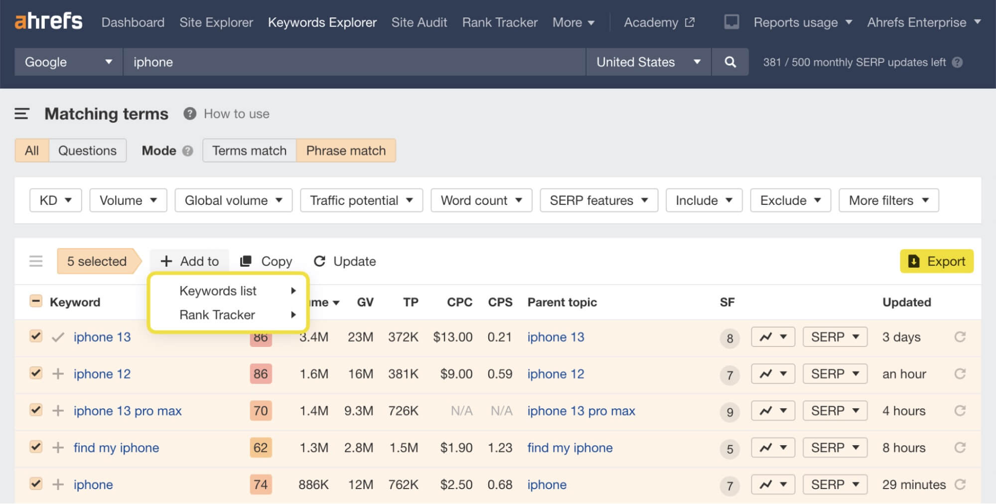 Keyword Explorer Filtres
