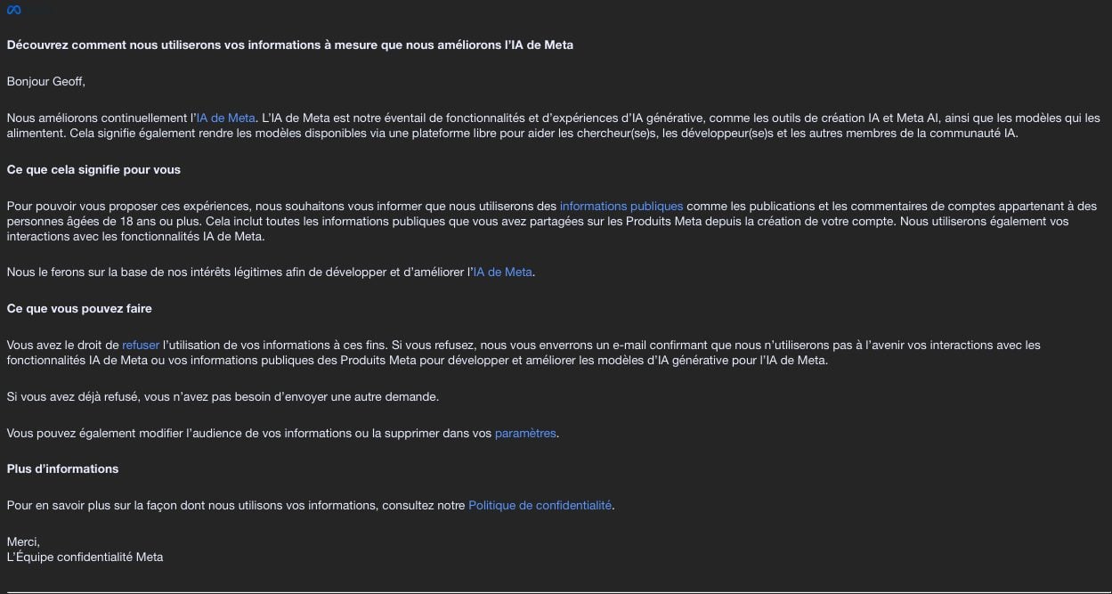 Mail Meta Collecte Données Entrainement Ia