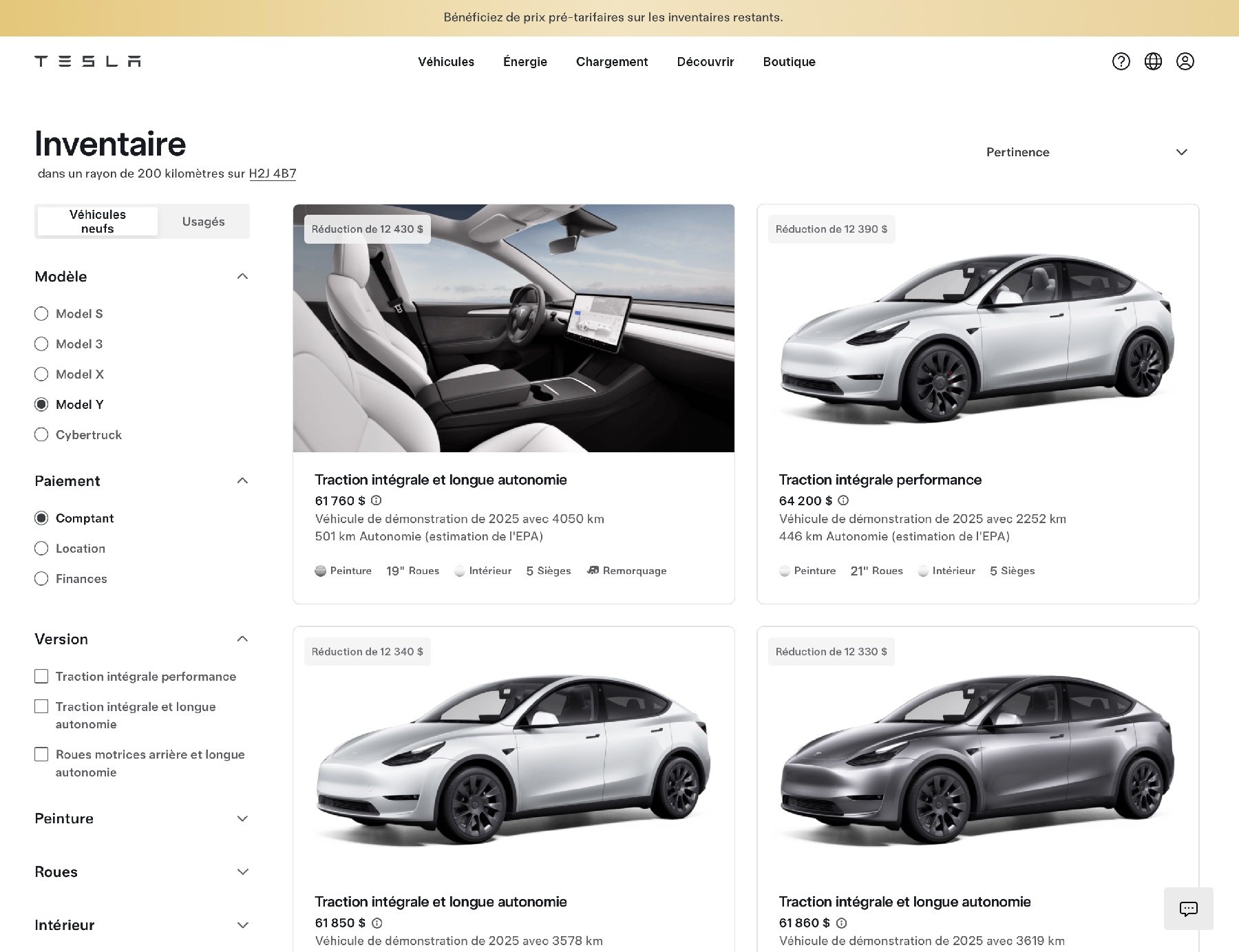 Tesla Inventaire Canada
