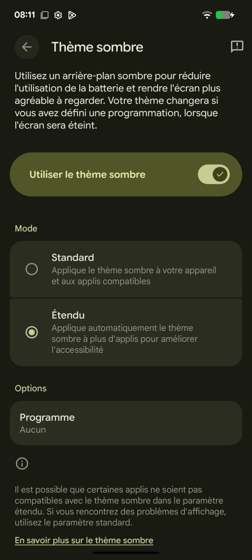 Dark Mode étendu Android 16