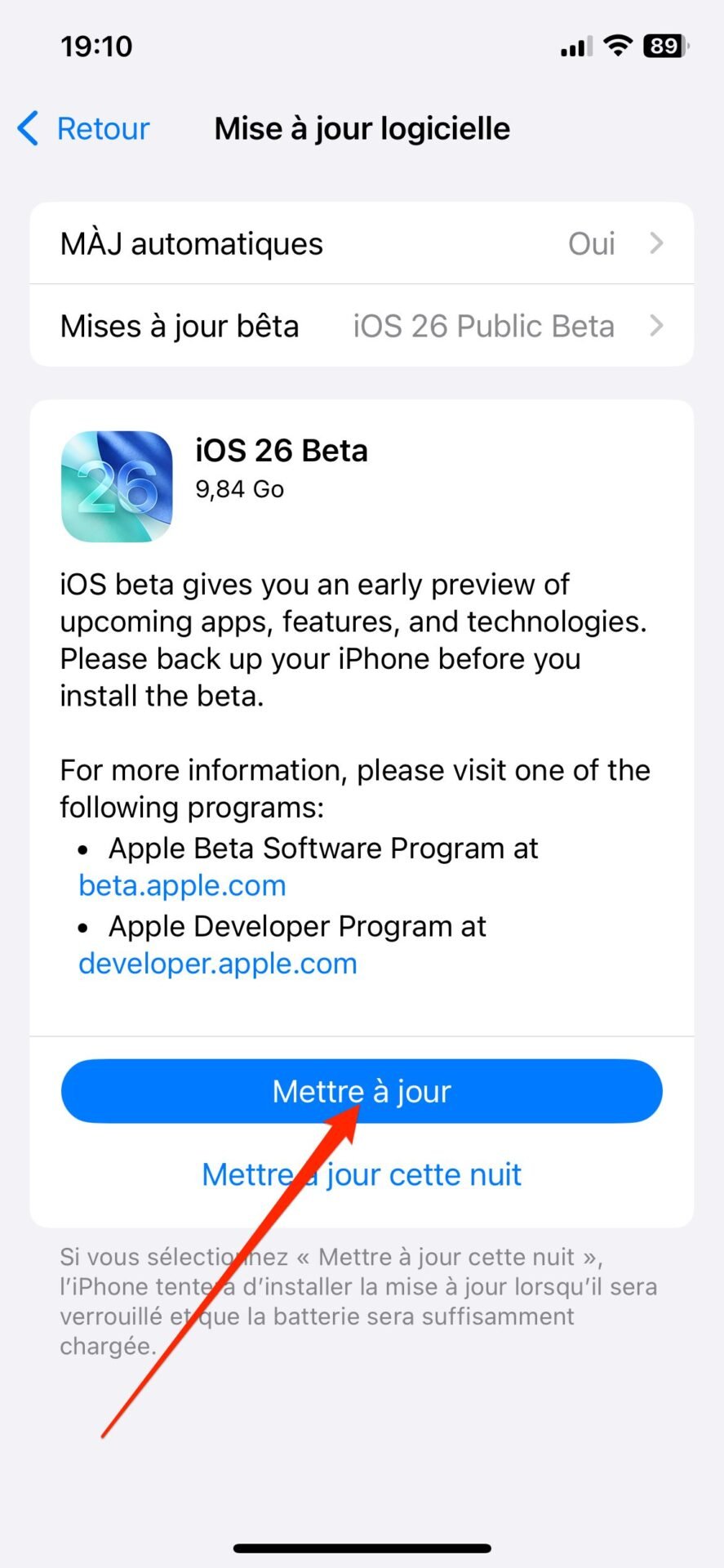 Installer iOS 26 Beta Publique iPhone 9