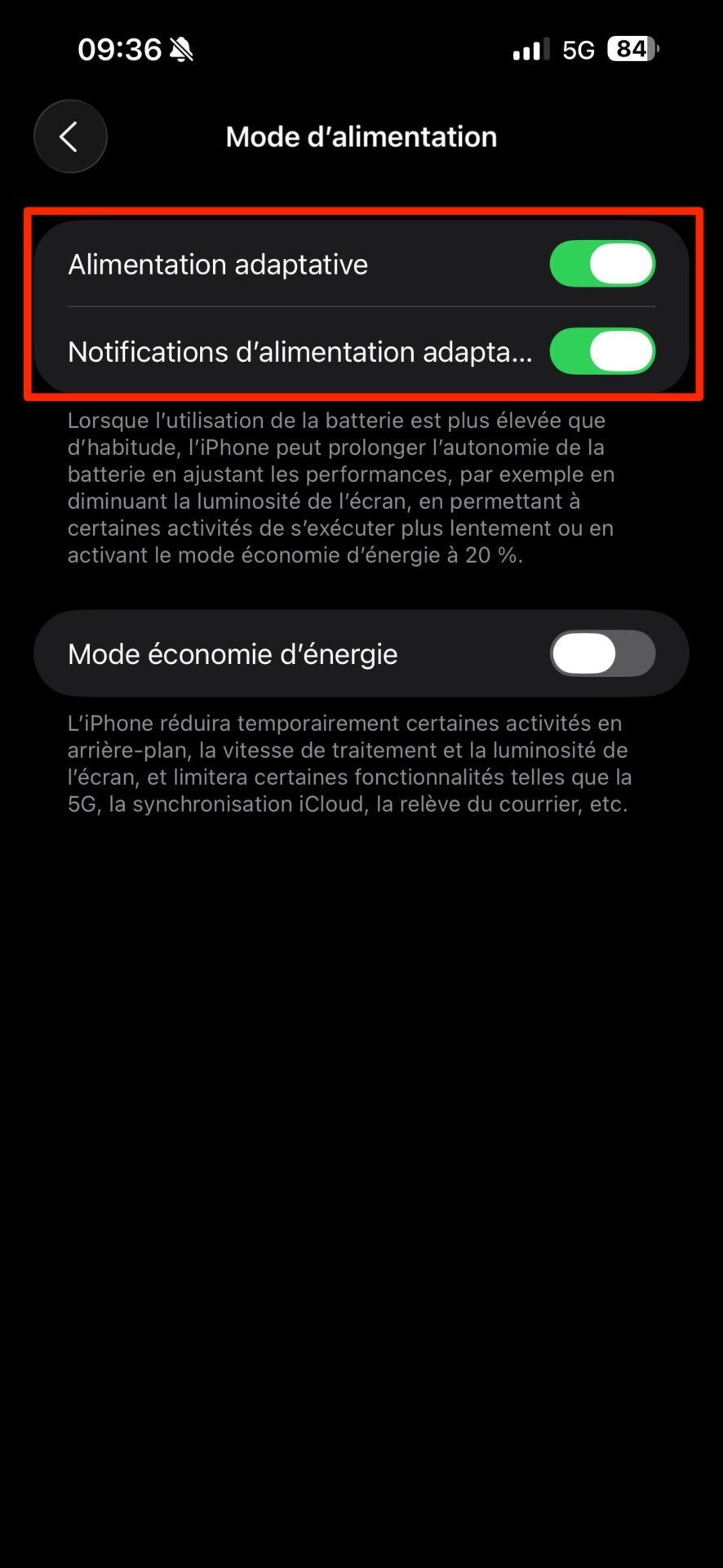 iOS 26 Alimentation Adaptative 4