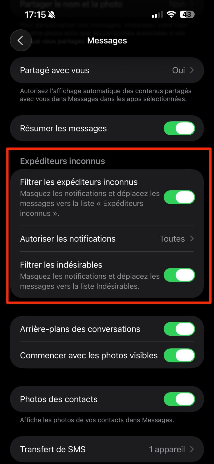 iOS 26 Filtrer Les Expéditeurs Inconnus Spams Messages Sms 2