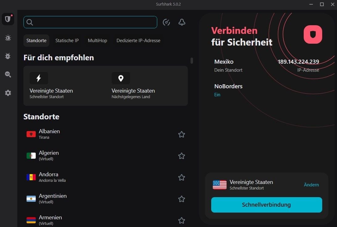Surfshark Benutzeroberfläche