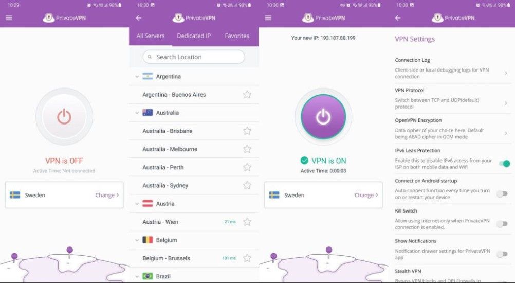 PrivateVPN Benutzeroberfläche Anwendung App Verbindung