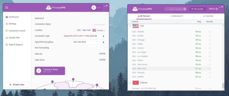 PrivateVPN Benutzeroberfläche Anwendung App