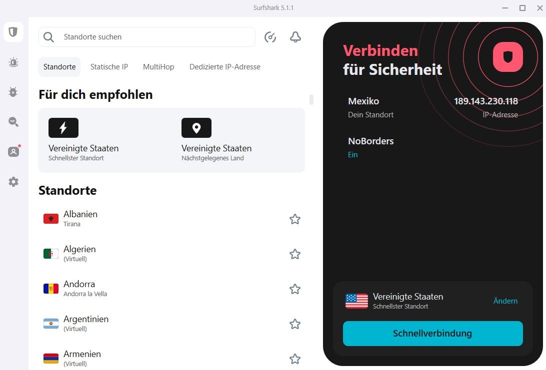 Surfshark Black Friday 2025 bestes VPN Cyber Monday Benutzeroberfläche