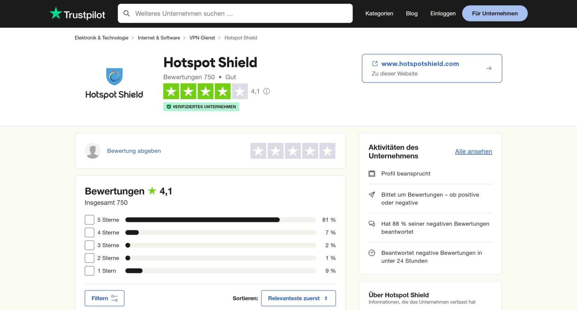 Hotspot Shield Test Bewertung Trustpilot