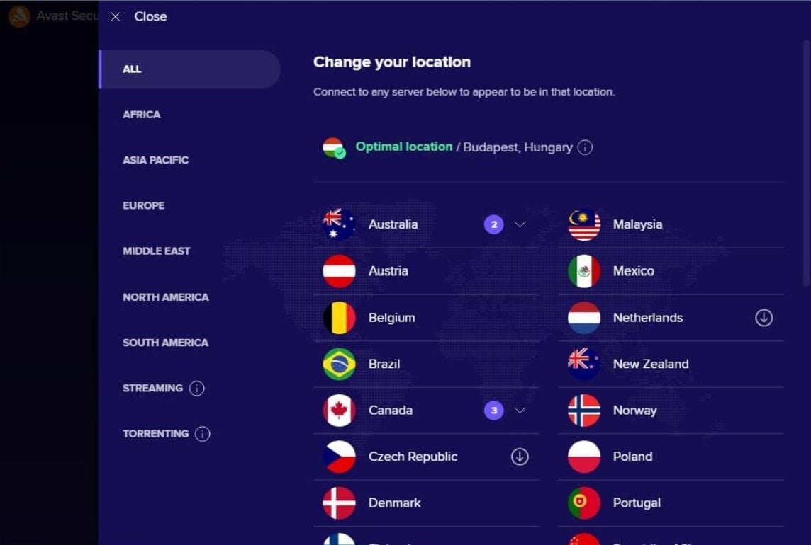 Avast Secureline Vpn Test Bewertung Anwendung Benutzeroberfläche Länderliste