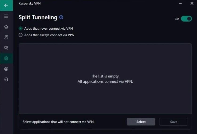Kaspersky Vpn Test Bewertung Anwendung App Menü Einstellungen Split Tunneling