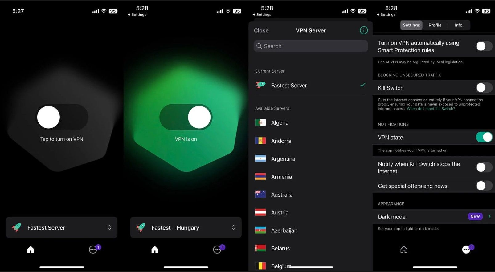 Kaspersky Vpn Test Bewertung mobile Anwendung App Menü Einstellungen