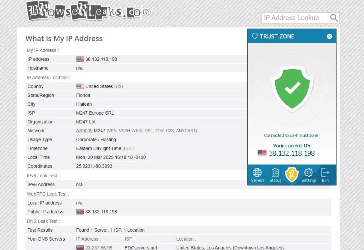Trust.zone Test Bewertung Ip Dns Leak Browserleaks.com