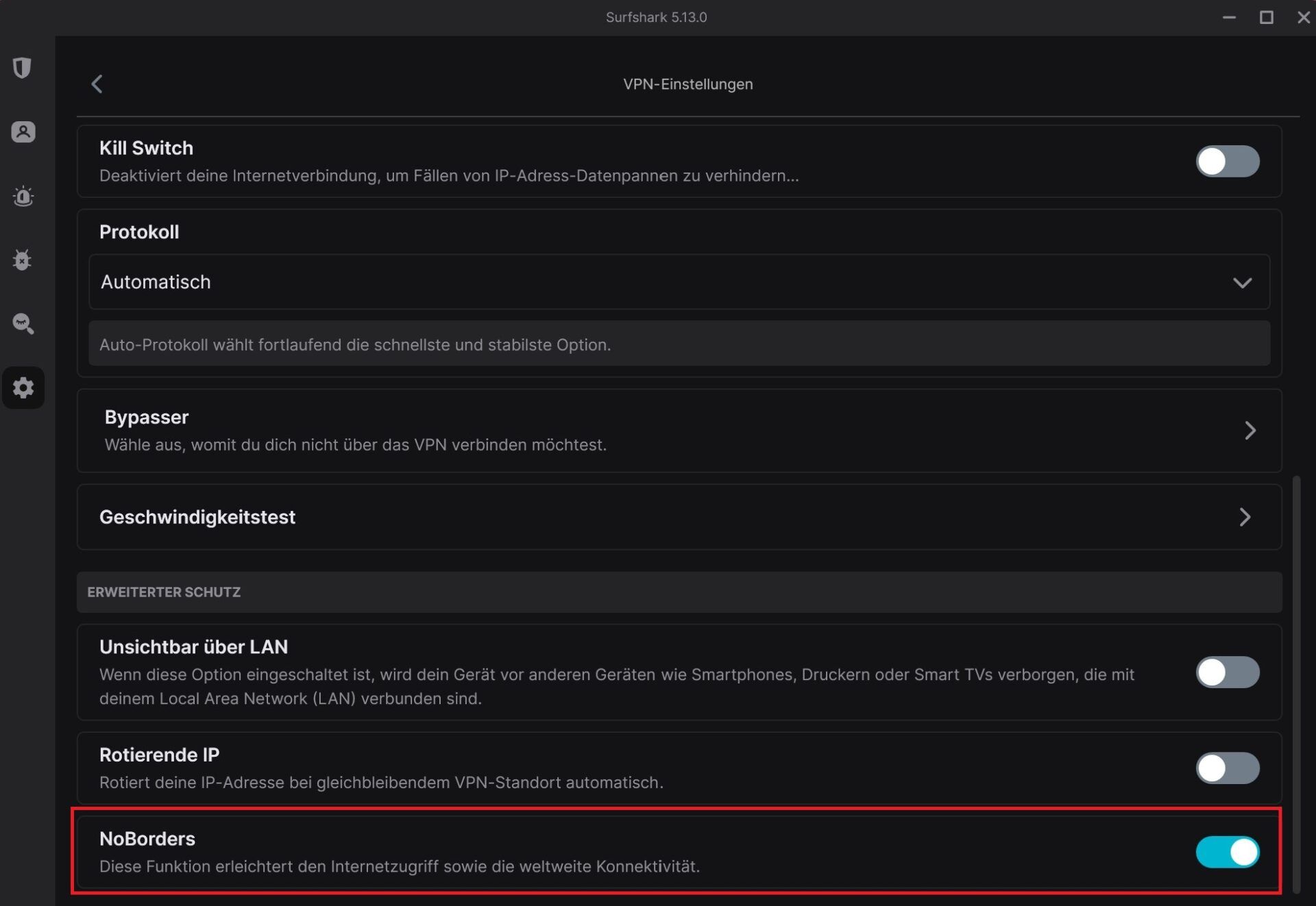 Surfshark Netflix Benutzeroberfläche App Einstellungen Noborders