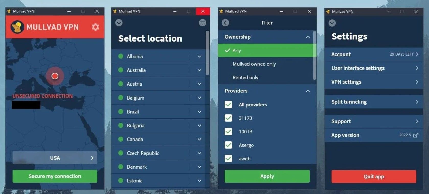 Mullvad Vpn Vs. Expressvpn Vergleich Test App Benutzeroberfläche Mullvad Vpn