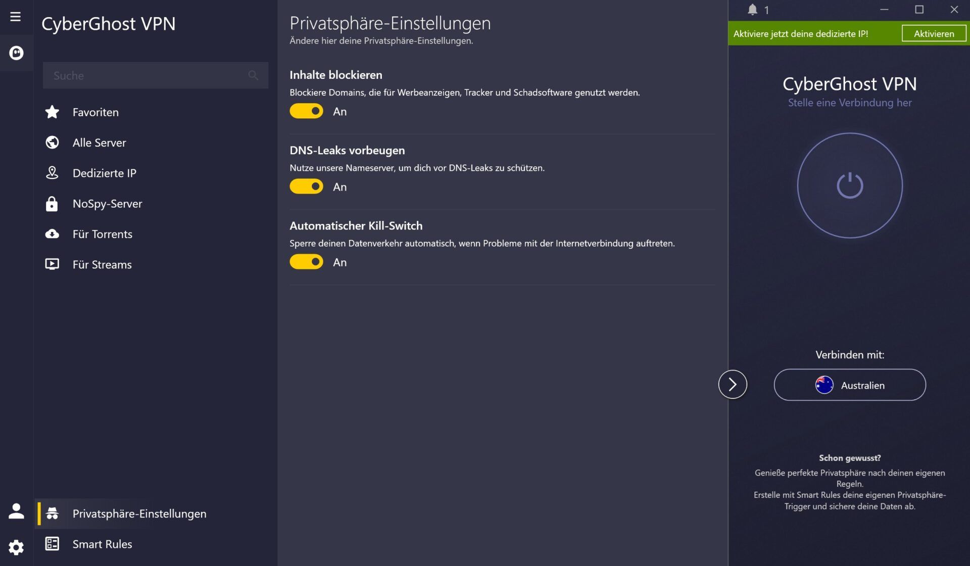 Verwendung Vpn Beste Cyberghost Benutzeroberfläche Einstellungen Menü Privatsphäre
